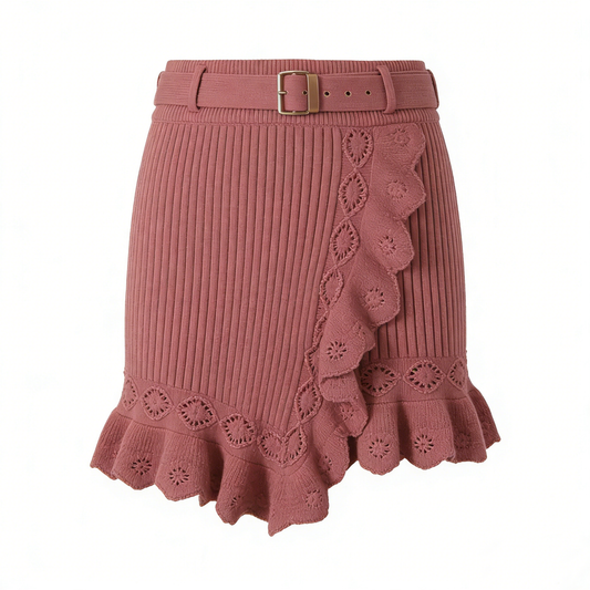 Dusty Rose Lace Knit Asymmetrical Mini Skirt
