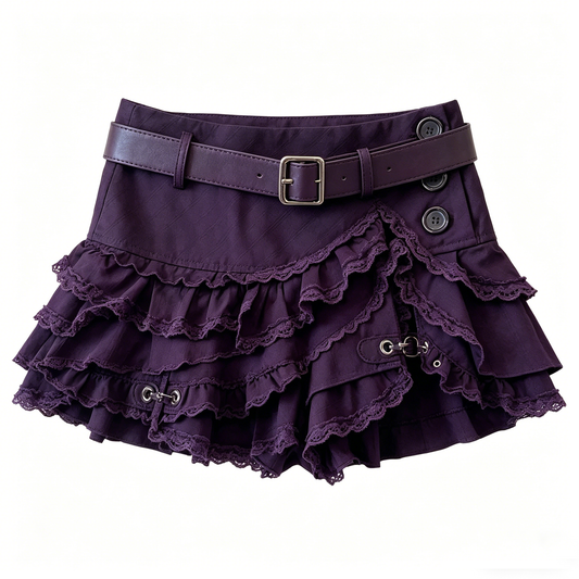 Dark Purple Lace Ruffle Layered Mini Skirt