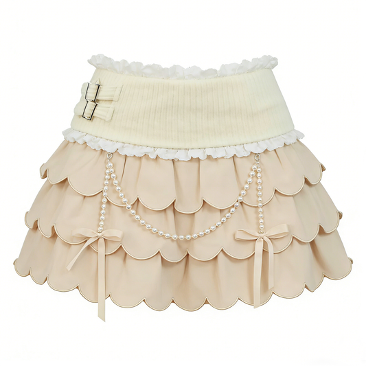 Beige Pearl Bow Layered Ruffle Mini Skirt