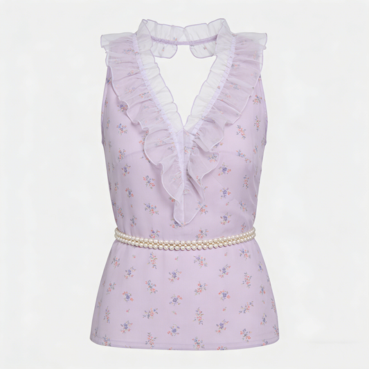 Lavender Stripe Ruffle Sleeve Corset Waist Lace Hem Top